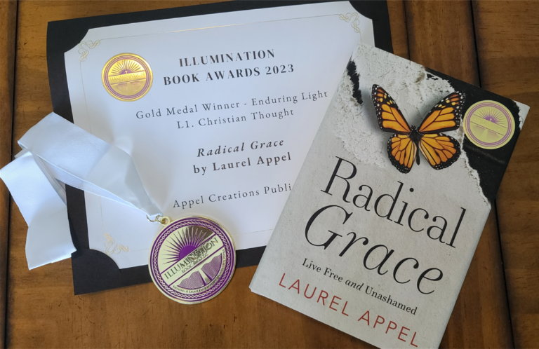 Illumination Award author Laurel Appel's book "Radical Grace" alongside her Illumination medal and certificate